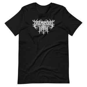 May include: Black t-shirt with a white graphic. The graphic features stylized text and three crosses. The shirt is made of a soft material and has short sleeves and a crew neck. The design is centered on the chest.