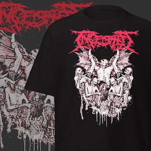 May include: Black t-shirt with a red and white graphic design. The design features a central figure with bat wings, surrounded by skeletal figures. The word "Incestat" is printed in red at the top of the design.