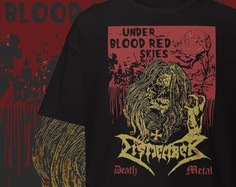 May include: Black t-shirt featuring a graphic with a zombie-like figure and the words "UNDER BLOOD RED SKIES." The design includes the band name "Dismember" and the words "Death Metal" in a gothic font. The background is red.
