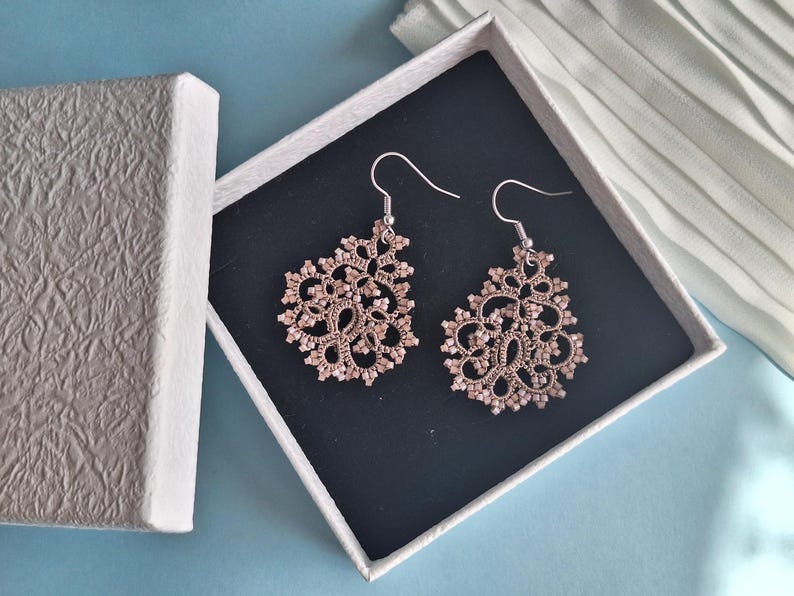 Romantic earrings, tiny dangle earrings, edwardian brown earrings, lace earrings, beaded romantic, earrings30th birthday gift for fiancee