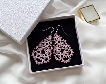 Pink chandelier earrings with purple beads, beaded  earrings, long lace earrings, thread earrings romantic earrings, 30th birthday gift girl