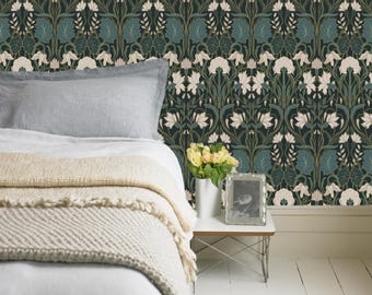 Moody Art Nouveau Wallpaper – Removable Peel & Stick Mural | Dark Floral Wall Decor | Renter-Friendly