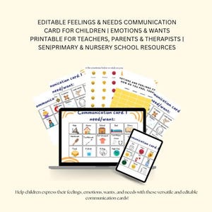 Tarjeta editable de sentimientos, necesidades y comunicación / Emociones y deseos imprimible para maestros, padres, recursos para educación especial (SEN) y guarderías.