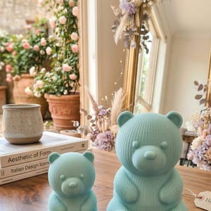 Può includere: Due statuette di orsi azzurri di diverse dimensioni sono su un tavolo di legno. Gli orsi hanno una superficie strutturata e sono seduti. Lo sfondo comprende una finestra con piante e uno specchio.