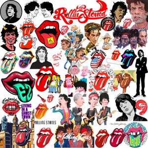 May include: A collection of stickers and illustrations featuring the Rolling Stones band. The designs include the band's iconic tongue logo in various colors, portraits of band members, and the band's name in red script. Some designs include text.