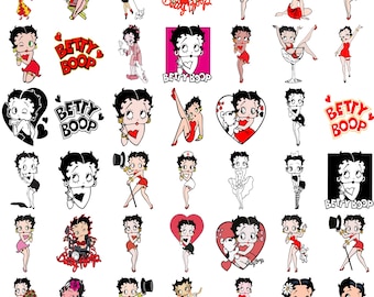 May include: A collection of Betty Boop cartoon character images in various poses and outfits. The images feature Betty Boop in red, black, and white, with some images including the text "Betty Boop". The images are in a variety of styles.