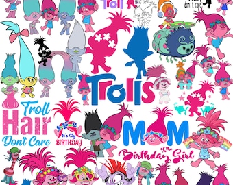 May include: A collage of colorful Trolls characters and text elements. The image features various Trolls in different poses, with vibrant pink, blue, and green hair. Text includes "Trolls," "Mom," and "Birthday Girl."