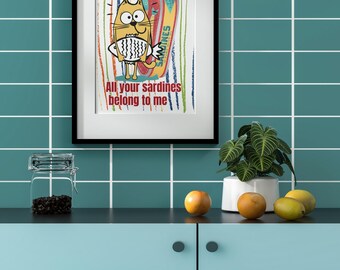 Whimsical Cat Kitchen Wall Art | Sardine Can Printable Poster | Retro Funny Cat Decor for Kitchen or Gallery Wall