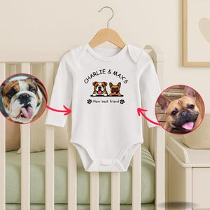 Baby Shower Gift, New Best Friend Onesie®,Protected By Dog Onesie®,Personalized Dog Name Onesie®,Newborn Baby Gift,Custom Dog and Cat Breeds