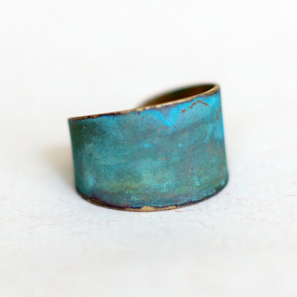 Blue Green Patina Verdigris Wide Brass Band Ring