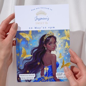 Invito per i 16 anni, blu zaffiro, oro, invito per i 16 anni, invito per il compleanno della principessa, invito reale, invito personalizzato, download digitale per i 16 anni