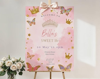 Pink Butterfly Birthday Welcome Sign: Sweet 16, Quinceanera (PDF Digital Download, 24x36 & 18x24 inches)