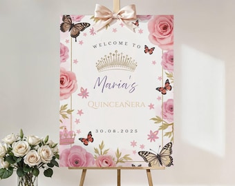 Butterfly Welcome Sign Sweet 16 Pink Quinceanera Princess Blush Pink Custom Welcome Sign Sweet 16 Birthday Decor Printable Welcome Banner