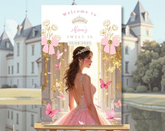 Pink Gold Elegant Sweet 16 Welcome Sign Quinceanera Butterfly Princess Custom Welcome Sign Royal Invitation Sweet 16 Birthday Decor Download
