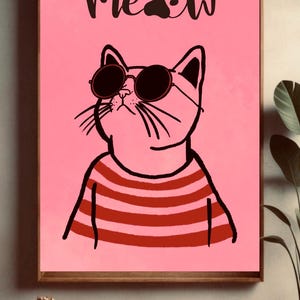 Cool Cat Wall Art Print | Funny Pink Meow Poster with Sunglasses | Modern Cute Kitty Illustration for Kids Room, Nursery or Pet Lover Decor
