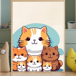 Arte de pared familiar de gatos lindos / Impresión de gatito de dibujos animados kawaii / Decoración de animales para guardería / Regalo adorable para amantes de las mascotas / Descarga digital o impresión