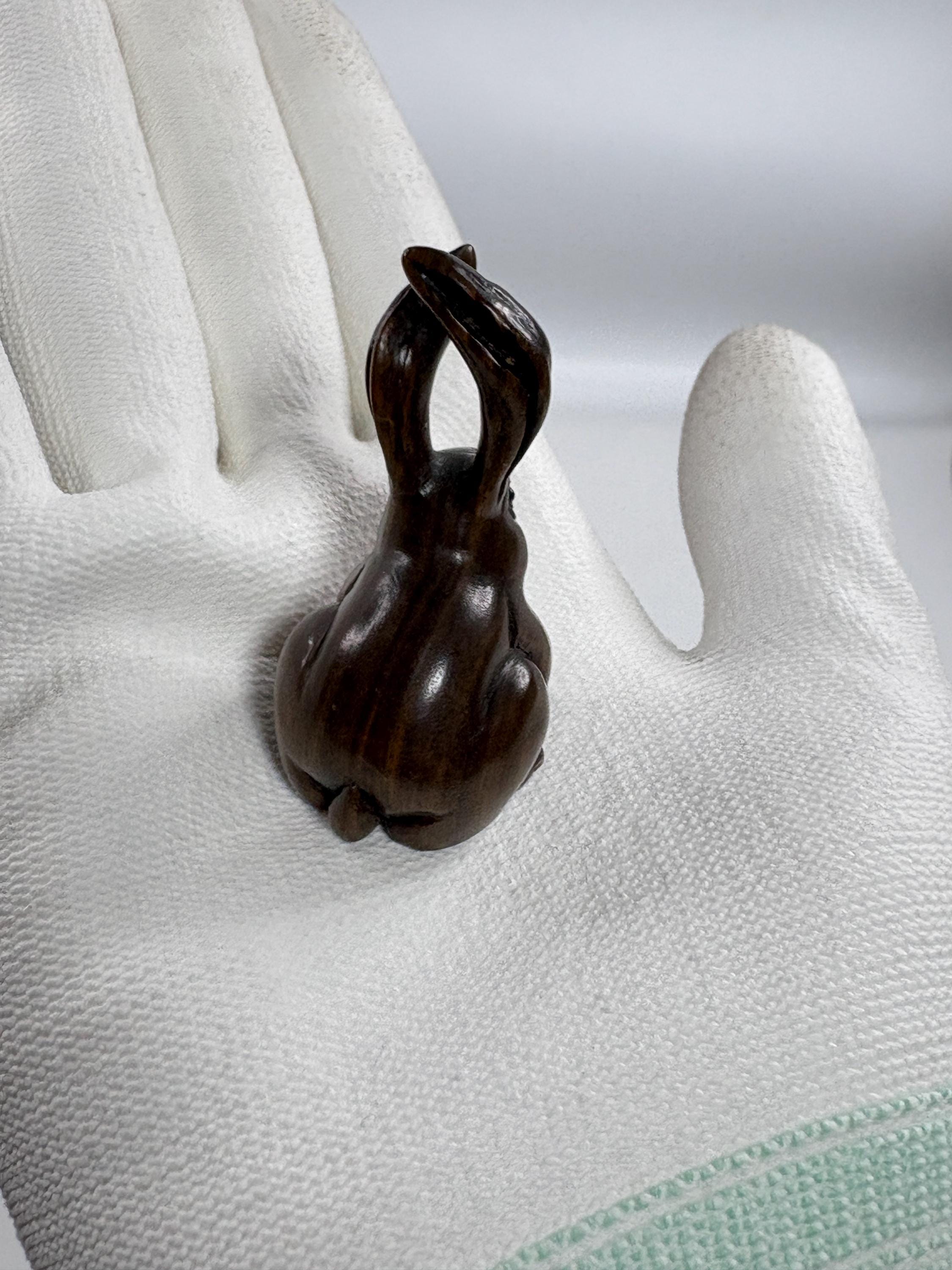 Netsuke Rabbit Dancing Japanese Wooden Rabbit Netsuke Hand Carved Bunny Toggle Vintage Japan ...