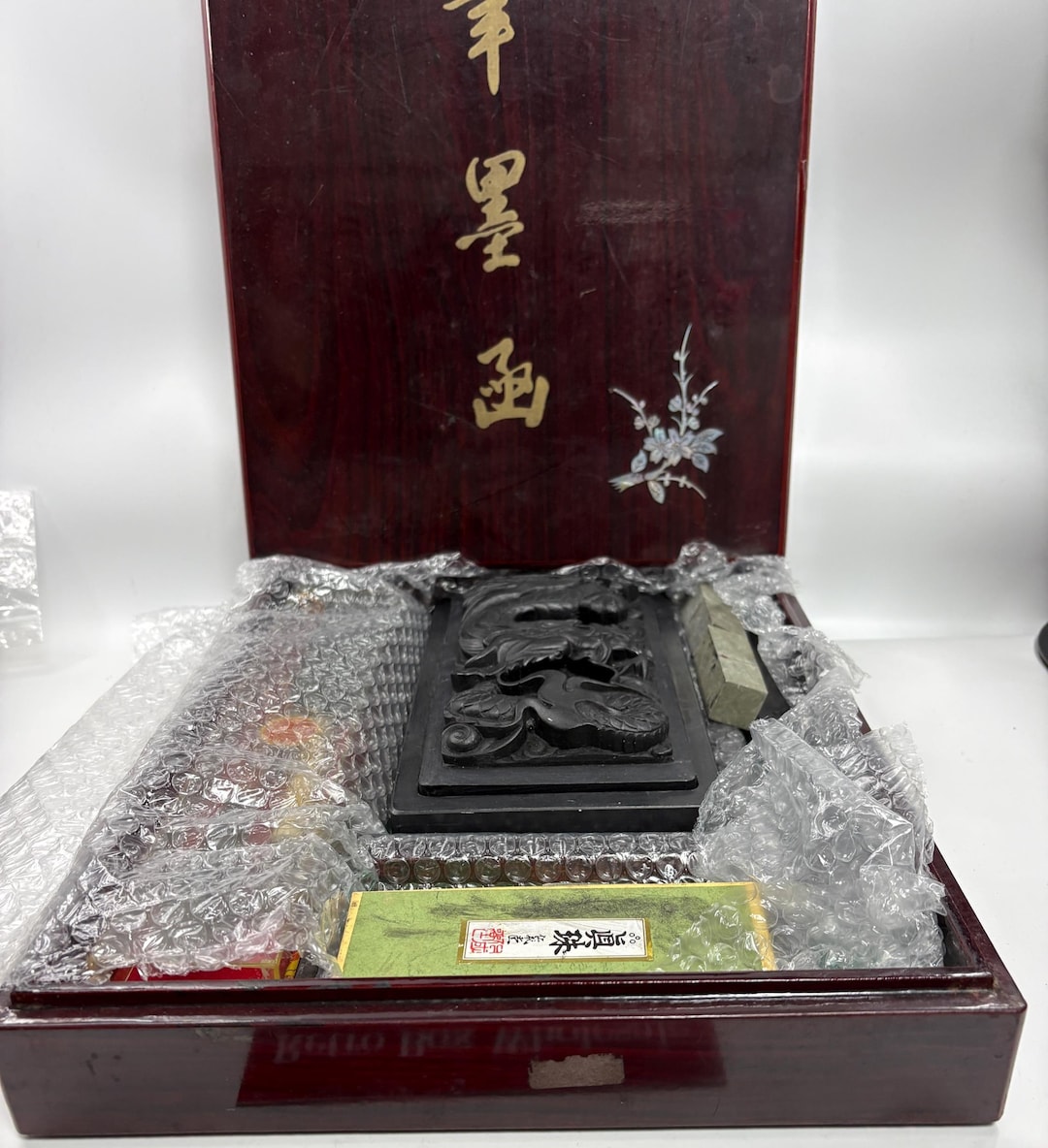 硯箱 墨硯 獅子の文鎮AntiqueJapaneseCalligraphySet Vintage Japanese Calligraphy Set Dragon Ink Stone Sumi Ink Suzuri