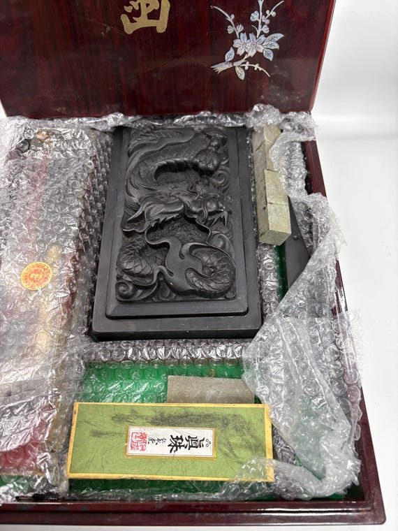 Vintage Japanese Calligraphy Set Dragon Ink Stone Sumi Ink Suzuri