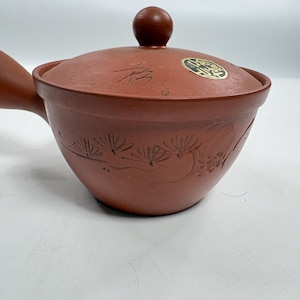Japanese Tokoname Ware Red Clay Kyusu Teapot Pine Design Vintage Side Handle 28288