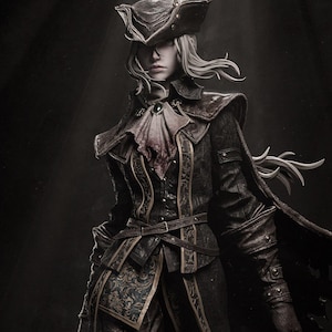 May include: A digital artwork depicting a character in elaborate, dark attire. The figure is wearing a tricorn hat with a feather, a long coat with detailed patterns, and a ruffled collar. The color scheme is predominantly dark with gold highlights.
