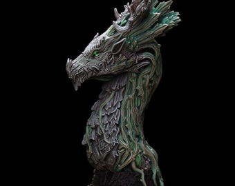 May include: A detailed sculpture of a dragon's head and neck, in shades of green, grey, and brown. The dragon has textured scales, a detailed face, and glowing green eyes. The sculpture is set against a black background.