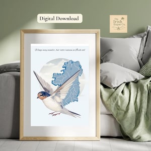 Schwalbe und Irland Karte Druck – Irisches Wohndekor – Irischer Vogel Druck – Schwalbe Symbol der Wiederkehr Digitale Kunst – druckbare Wandkunst mit Karte