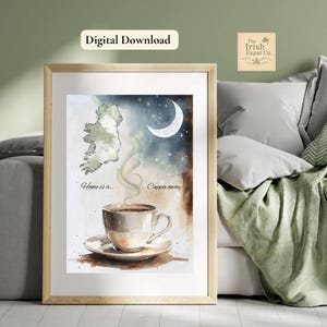 ‚Home Is a Cuppa Away‘ – Aquarell Druck mit Karte von Irland und Tee – A3 A4 – Sentimentales Geschenk für Iren Irisch|