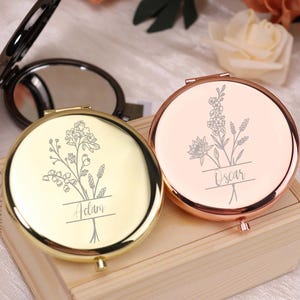 Personalized Compact Mirror, Bridesmaid Proposal, Custom Gift for Women, Birth Flower Pocket Mirror for Her, Custom Name Gift Party Gift
