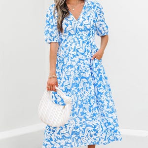 Sky Blue Floral Maxi Dress with V Neck and Puff Sleeves, Short Sleeve High Waist Long Summer Dress, Elegant Fit and Flare Casual Dress
