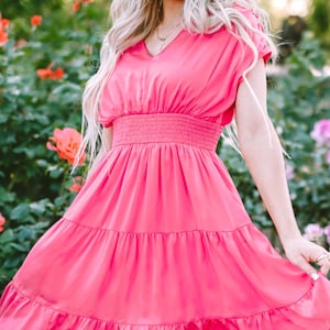 Strawberry Pink Mini Dress, Tiered Ruffle Smock Waist Dress, Ruched Sleeve, V Neck Short Dress for Summer Casual or Brunch Looks