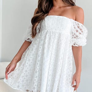 White Lace Mini Dress with Puff Sleeves, Empire Waist Short Dress, Elegant Floral Detail V Neck Summer Party Dress