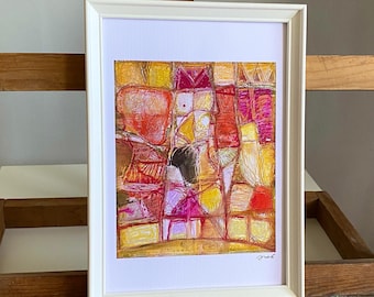 May include: Abstract art print in a white frame. The artwork features a colorful composition of geometric shapes and figures in shades of red, yellow, pink, and brown. The piece is signed in the bottom right corner.
