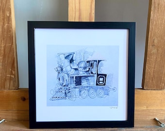 Locomotive - Limited edition art print – Venelin Anev original pencil hand drawn artwork - Vintage framed railroad Illustration - Train art