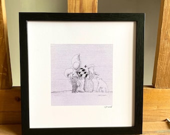 May include: A framed black and white pen and ink drawing. The artwork depicts a whimsical scene with abstract figures and shapes, including a checkered pattern and a stylized animal. The drawing is set against a textured background.
