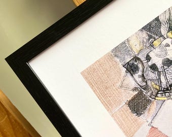 Leksaker - Konsttryck i begränsad upplaga – Venelin Anev handritad skiss - Vintage blyertskonstverk - Miniatyrkonstmålning - Konsttryck i ram
