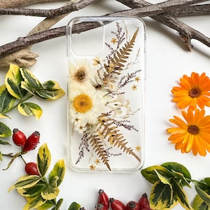 May include: A clear phone case featuring an arrangement of pressed dried flowers and foliage, including white daisies with yellow centers, brown fern fronds, and small delicate sprigs, encased within the transparent material of the cover.