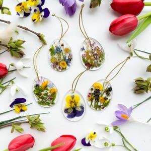 Äng påskäggsset dekoration, riktiga blommor påskdekor, vårvägghängande fjäder, botanisk dekor, påskgåva, glasmålning