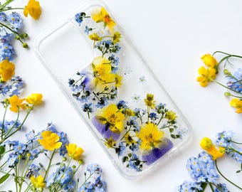Bratki i niebieskie etui na telefon, prawdziwe suszone kwiaty etui na telefon do Samsung iPhone POCO Pixel s24 s25 s21 13 15 16 plus pro mini 8 9