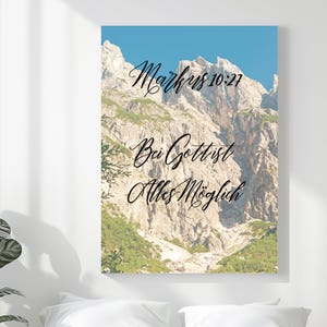 Bibelvers Spruch "Bei Gott ist alles möglich" - Dopamin Poster Druck - Berg Hintergrund - Christliche Wandkunst Wohnzimmer - Sofort Download