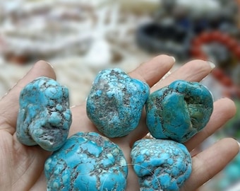 Può includere: Una mano che tiene cinque pietre di turchese grezze. Le pietre sono di un vibrante colore turchese con motivi di matrice scura. Le pietre variano in dimensioni e forma, con una consistenza ruvida e naturale. Lo sfondo è sfocato.