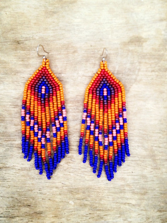 Fringe beaded earrings native inspired | Etsy