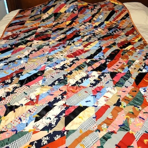 Crazy Quilt Silk Patchwork With Orange Backing Hand Stitched Patchwork Vintage