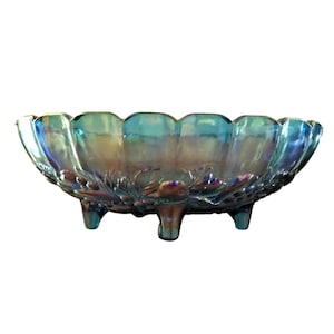 Indiana Glass Iridescent Blue Grape Harvest Carnival Oval Footed Fruit Bowl 12&#39;&#39;