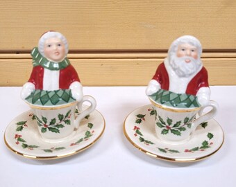 Lenox Salt Pepper Shakers Santa Mrs Claus Set Holly Christmas Holiday Teacups