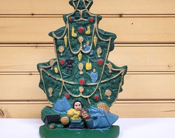 Cast Iron Christmas Tree Doorstop Bookend Vintage Painted Stand 11'' X 6.5''