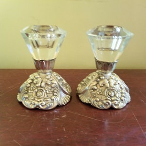 Candle Holders Silverplate Lot of 2 Holiday Imports Stick Metal Glass 4.5'' Vtg