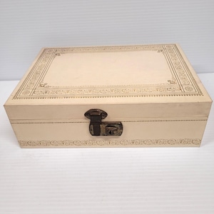 Vintage Cream & Gold Jewelry Box With Red Velvet Interior Brass Lock 11&#39;&#39; x 8&#39;&#39;