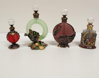 Frascos de perfume con adornos de joyas, lote de 4 unidades, con tapón facetado de vidrio esmaltado esmerilado decorativo.