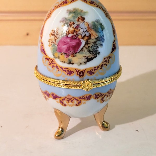 French Porcelain Egg Hinged Trinket Box Vintage Courting Couple Each Side 4"